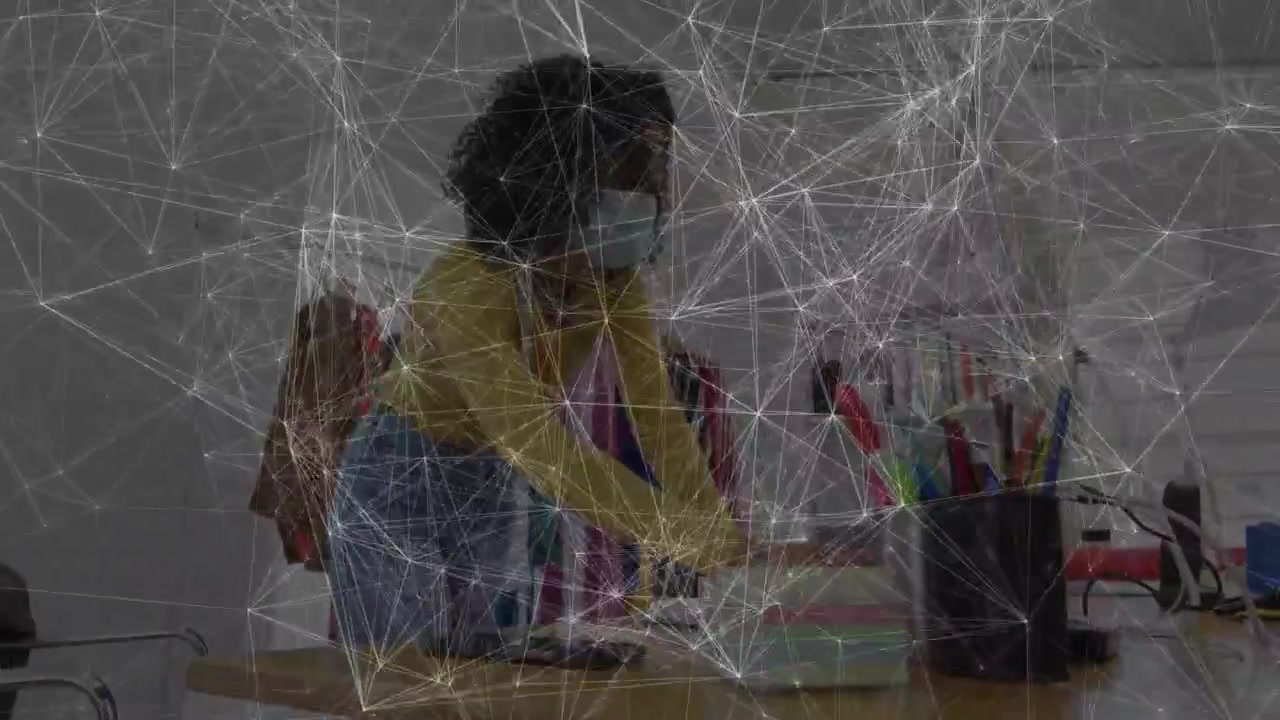 Vertical video: Masked woman arranging papers at table, causing animated tags on folders for office