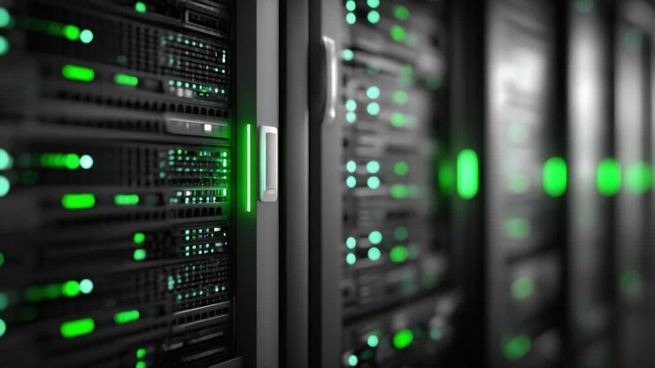A Close-Up View of Modern Server Racks Highlighting Technology with Illuminated Green LED Indicators Signifying Performance and Status in a Data Center Environment