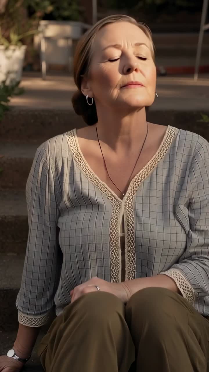 Video verticale: Una donna anziana illuminata dal sole, che gira la testa e sistema le mani sui gradini, indossando una blusa.