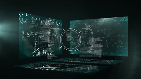animation of mathematical formulas on screens over black background