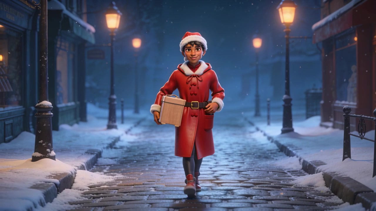 Glancing teen boy walking down snowy cobbled lane, wearing red coat and Santa hat delivering gift