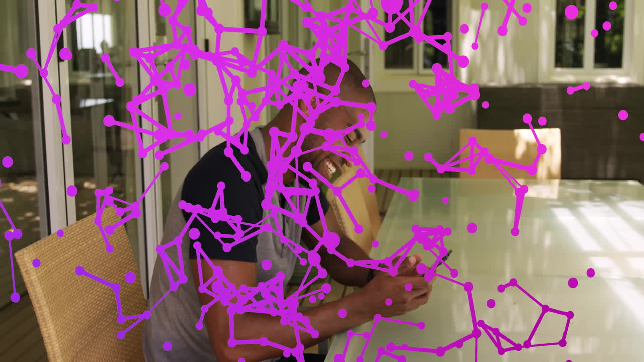 Talking on phone, man with purple network animation overlay in background