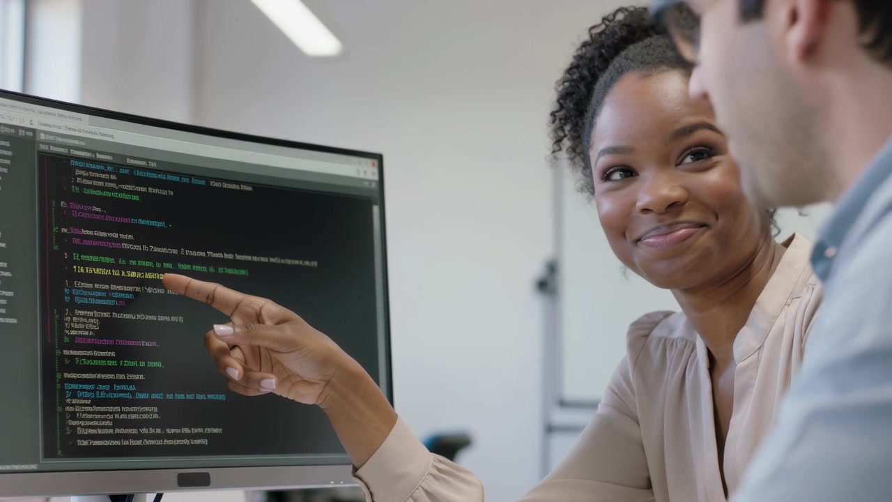 Pointing dev in top showing post-review code fixing bug at desk with monitor, glasses, copy space