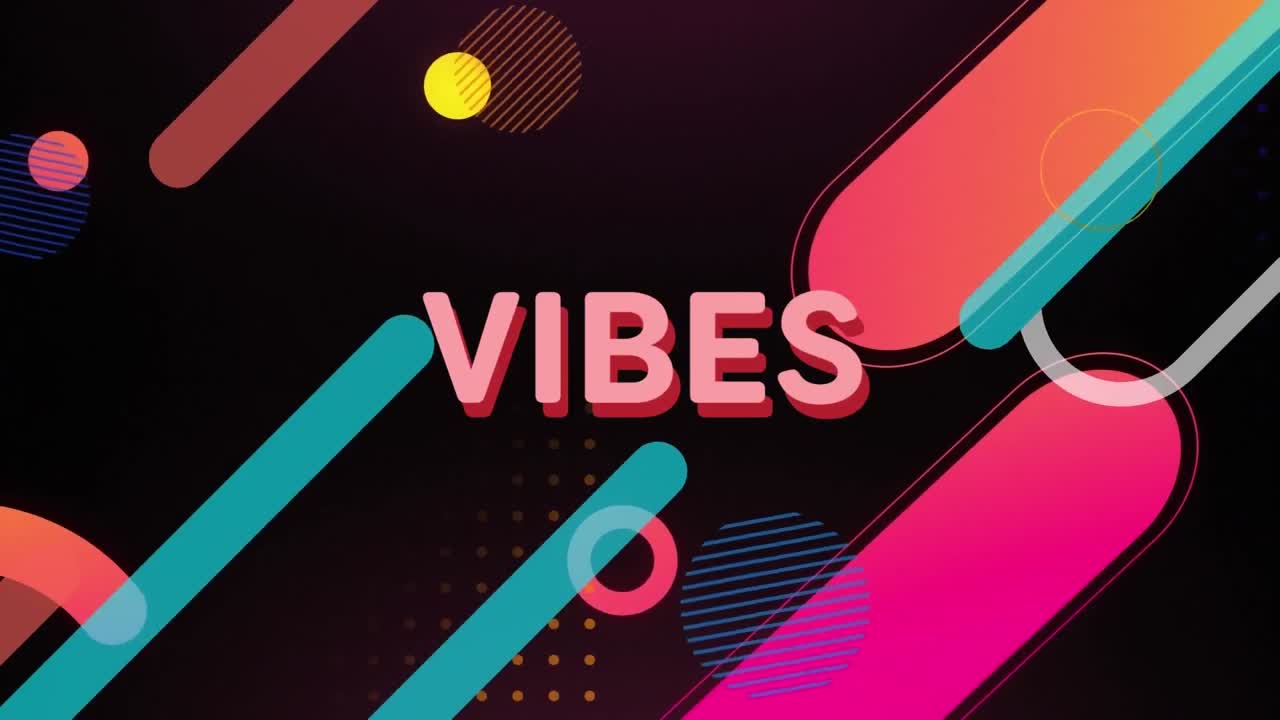 Animazione del testo "Vibes" su sfondo di forme astratte