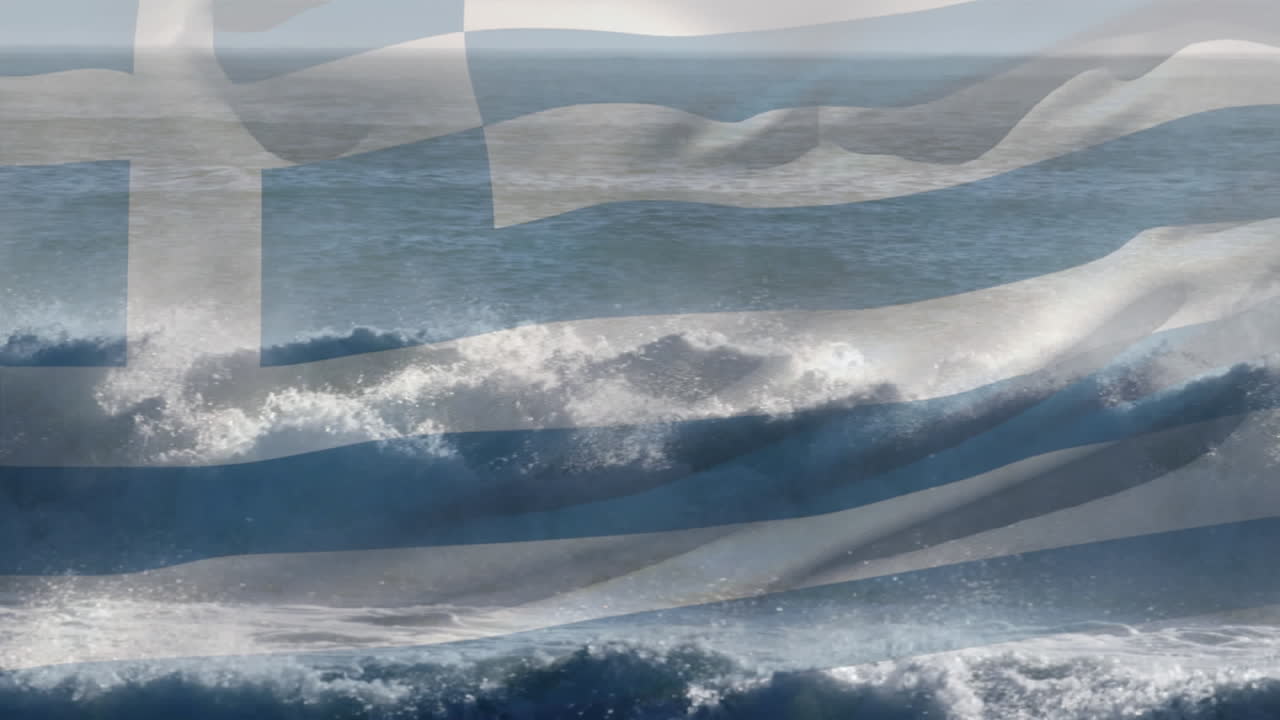 그리스  ⁇ 발이 해변 해양 풍경 위에서 날아다니는 애니메이션