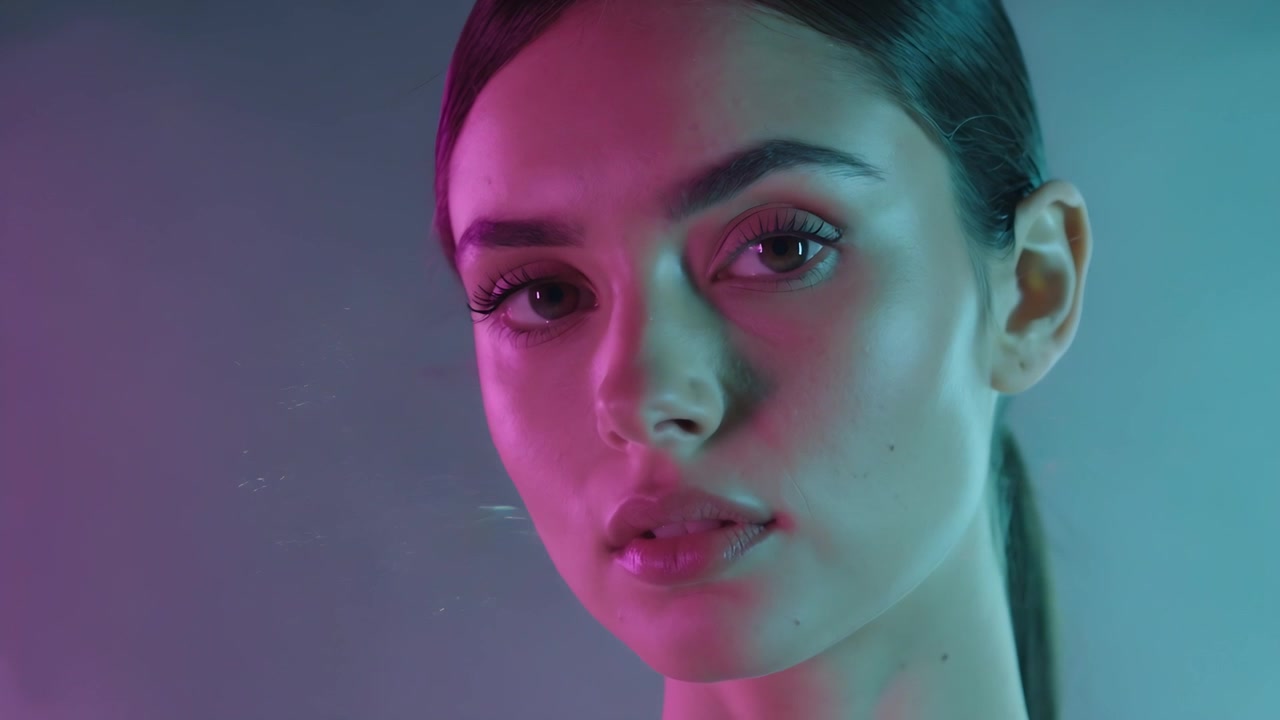 Modelo girando en el set, inclinándose a la derecha, manteniendo la mirada y parpadeando ante una bocanada de humo desde la izquierda bajo geles magenta y turquesa