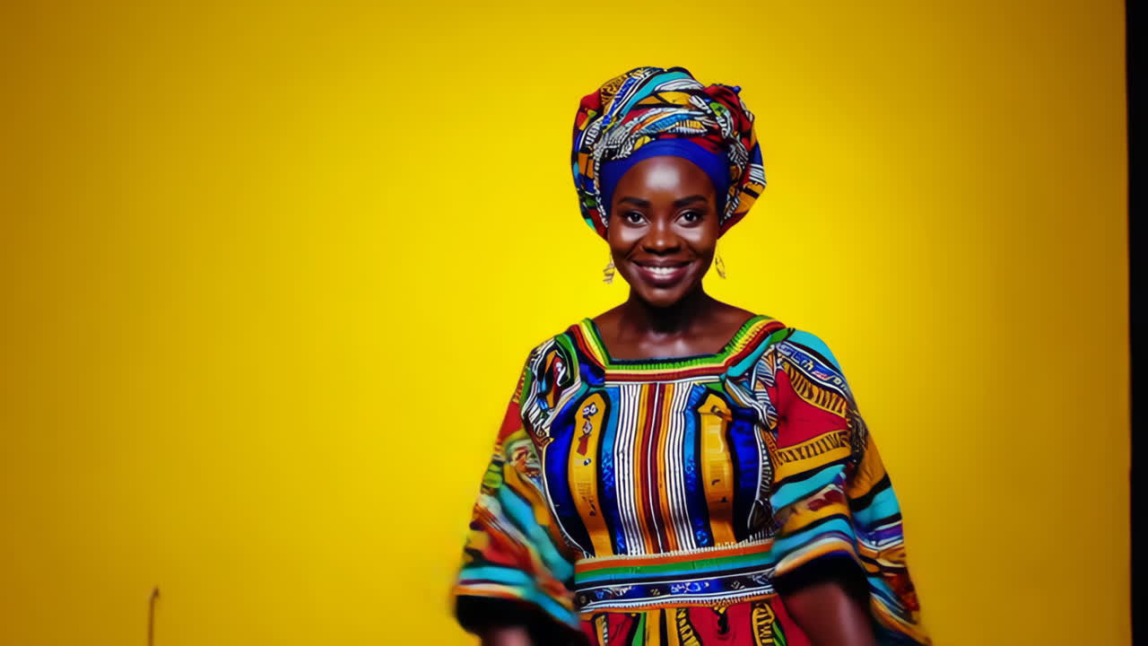 Beautiful Black Woman in Vibrant African Headwrap and Attire Posing Against Yellow Background