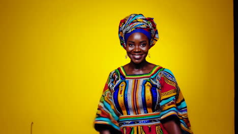 beautiful black woman in vibrant african headwrap and attire posing against yellow background