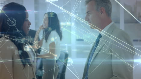 animation of network of connections over businessman and businesswoman handshake