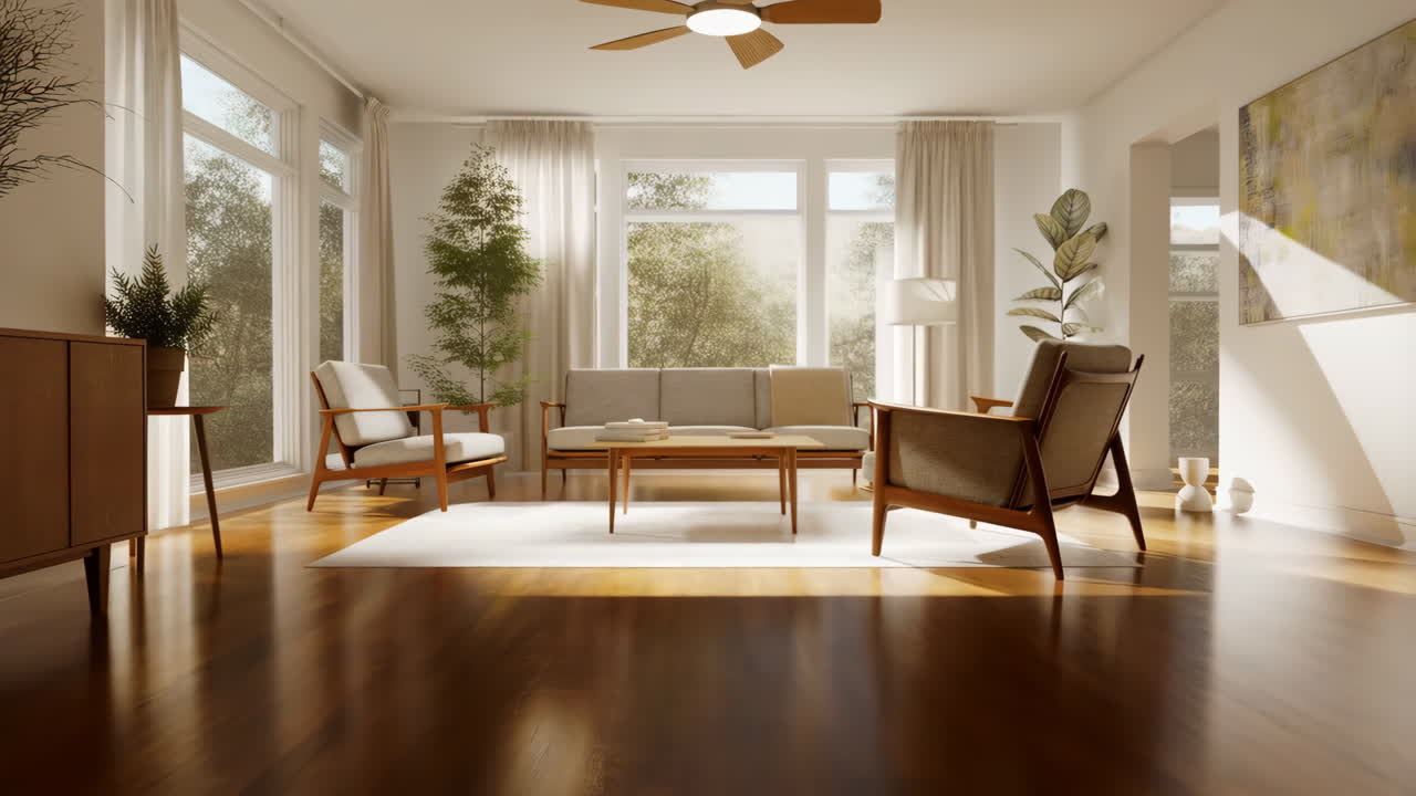 Bright and Modern Living Room Interior with Mid-Century Furniture