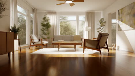 bright and modern living room interior with mid-century furniture