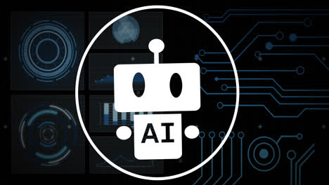 Animation-of-ai-text,-icons-and-data-processing-over-circuit-board