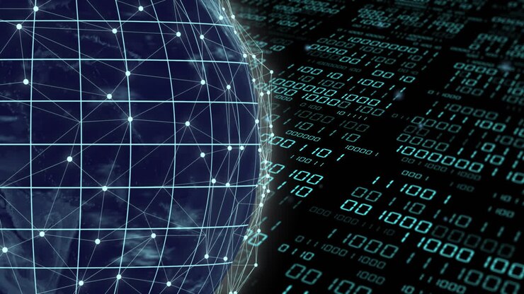 Animation of binary coding data processing over globe