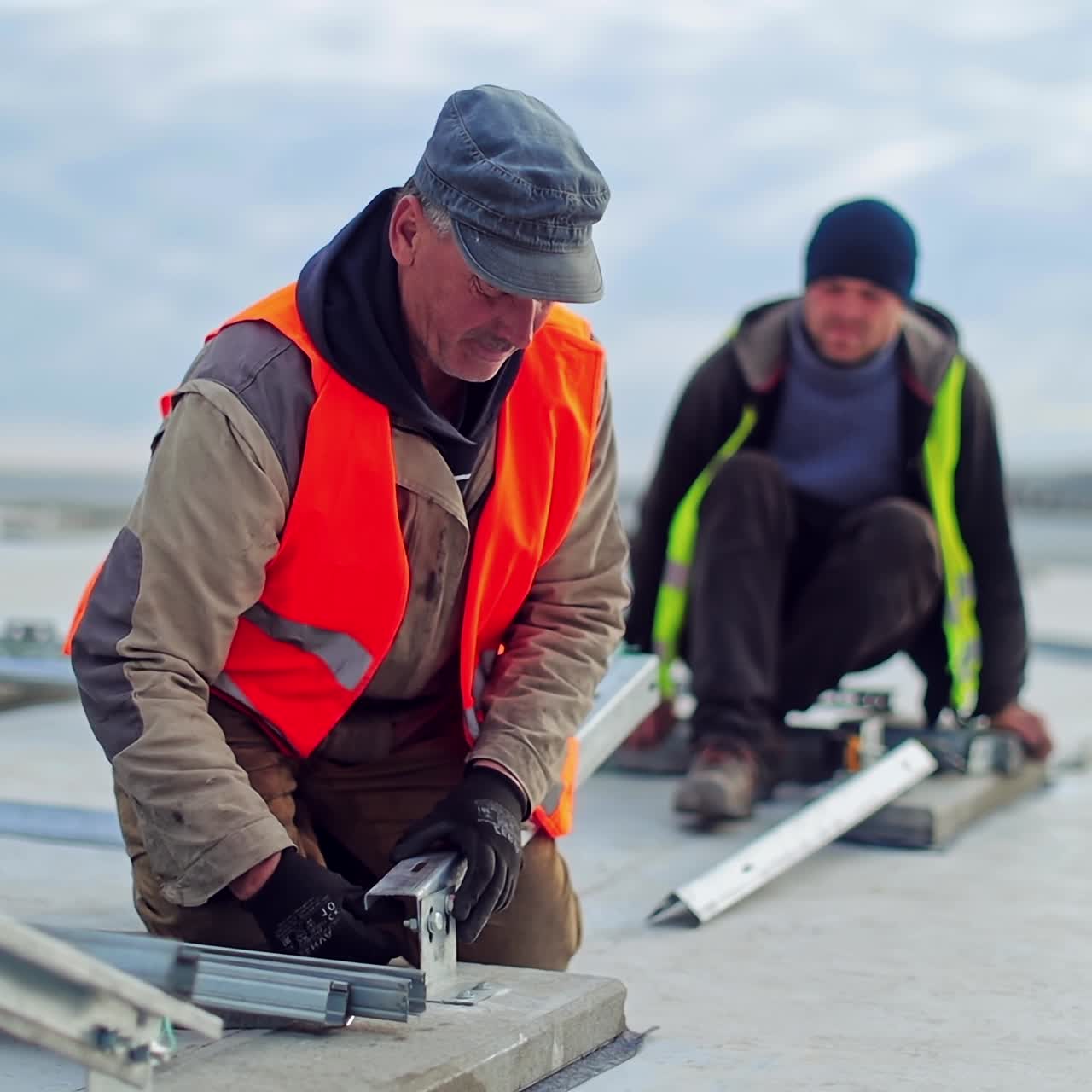 Metal basis installation. Technicians attach special construction for solar panels. Construction of new solar farm on a roof.