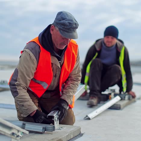 metal basis installation. technicians attach special construction for solar panels. construction of new solar farm on a roof.