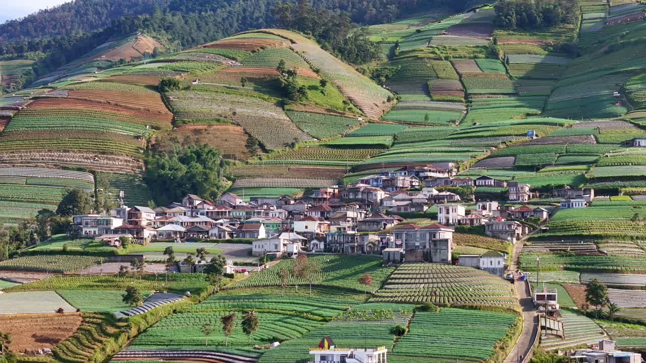 Aerial scenery of village on mountain slope surrounded by greenery landscape of agricultural field. Indonesia rural landscape