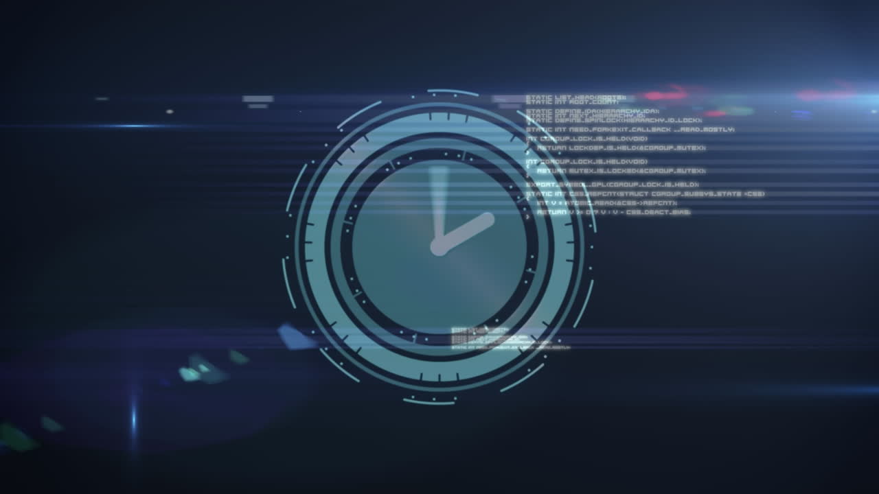 Animation of clock with turning hands, over data processing and moving lights on dark background