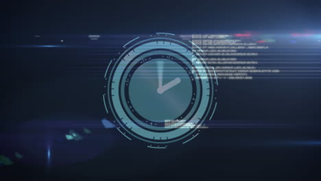 animation of clock with turning hands, over data processing and moving lights on dark background