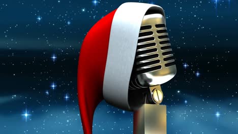 Animation-of-stars-falling-over-microphone-with-christmas-hat-on-dark-background