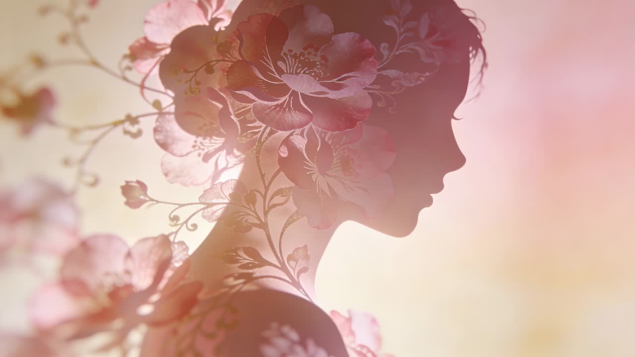 Displaying woman silhouette wearing floral art on pastel backdrop, rim light creating reveal