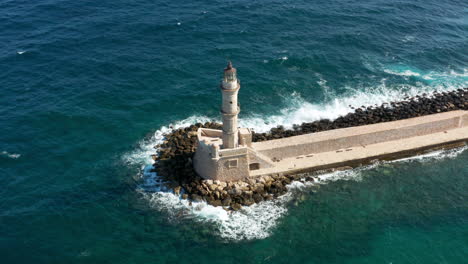 Venetian-Lighthouse-At-The-Port-Of-Chania-In-Crete-Island,-Greece