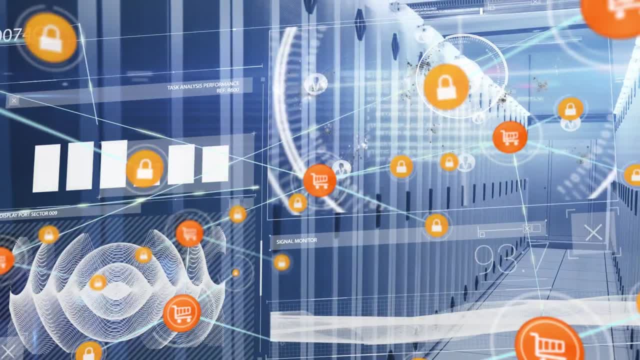 아이콘과 서버를 통해 다양한 데이터로 연결된 네트워크의 애니메이션