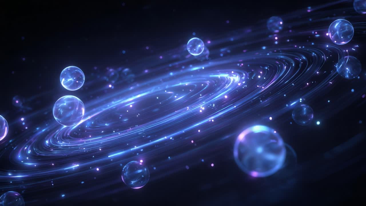 Abstract blue galaxy swirling in deep space with floating transparent spheres and glowing particles representing futuristic technology, scientific concepts, and the birth of a new universe