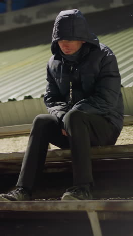 a man wearing jacket sits alone in a dimly lit stadium, with his head bowed down and hands clasped between his legs, quietly contemplating, with a soccer ball placed beside him