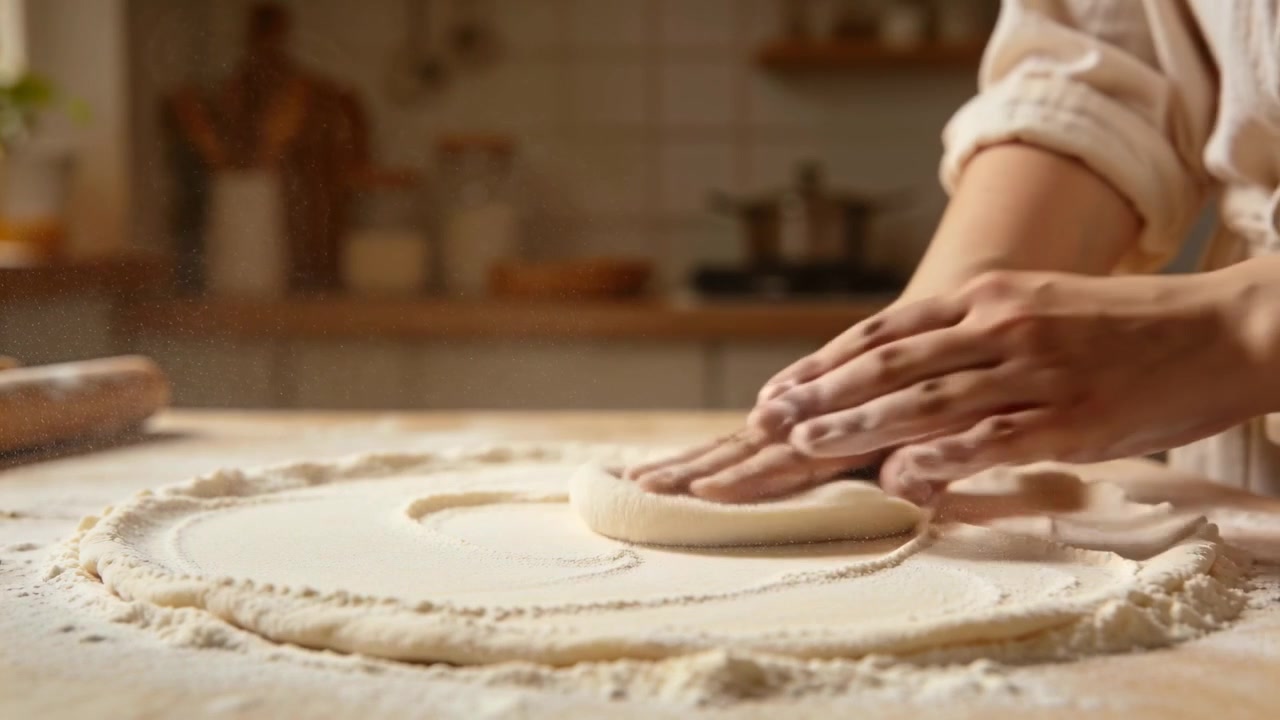 Pressing flour ring, baker in rolled sleeves placing dough and shaping disc for baking in kitchen