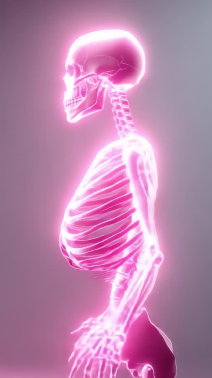 A Radiant Sketch of the Human Skeleton Illuminated in Vibrant Pink, Showcasing the Intricate Structure and Articulation of Bones in a Stunning Light Display