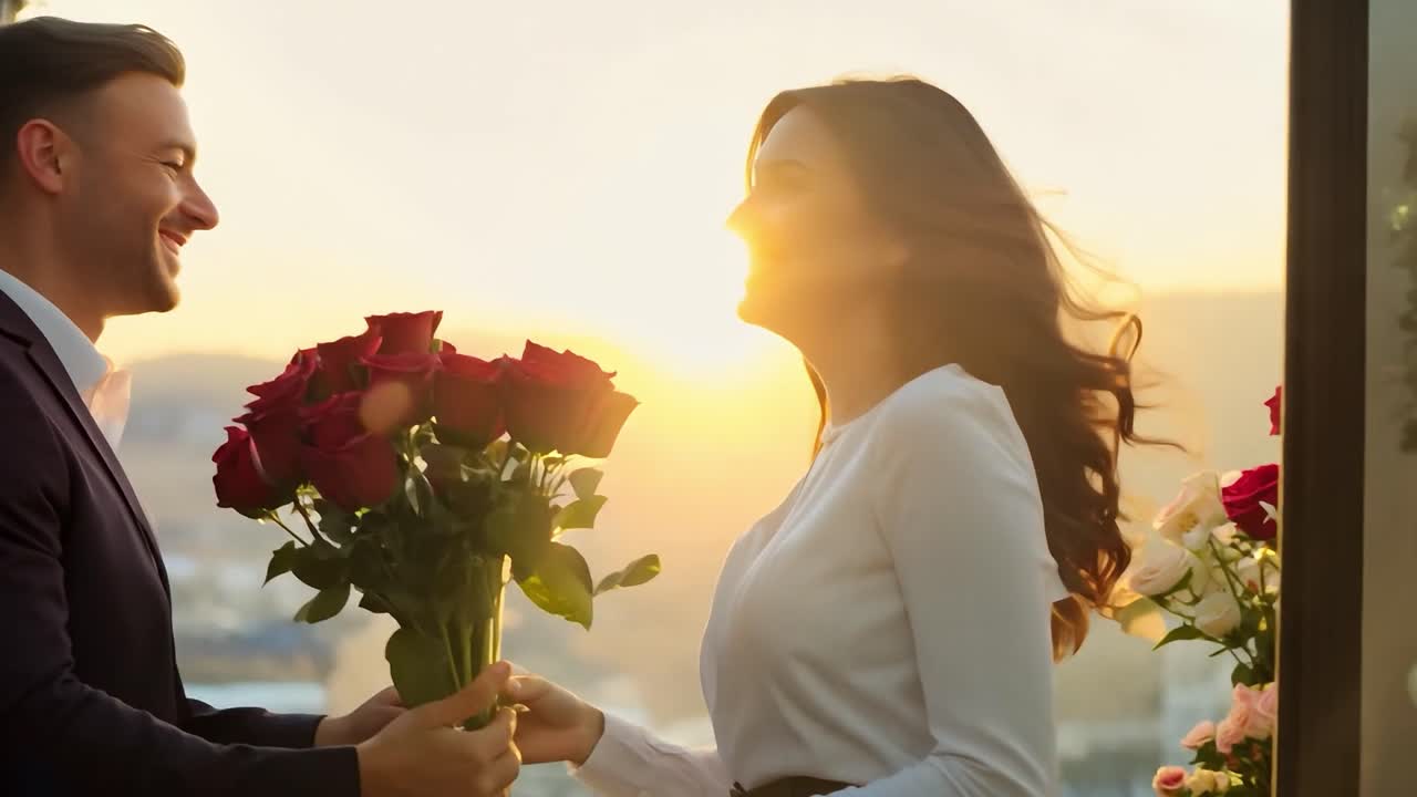 해가 지는 동안 꽃과 함께 있는 만적 인 커플