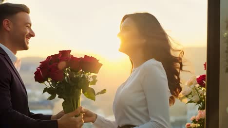 romantic couple with flowers at sunset