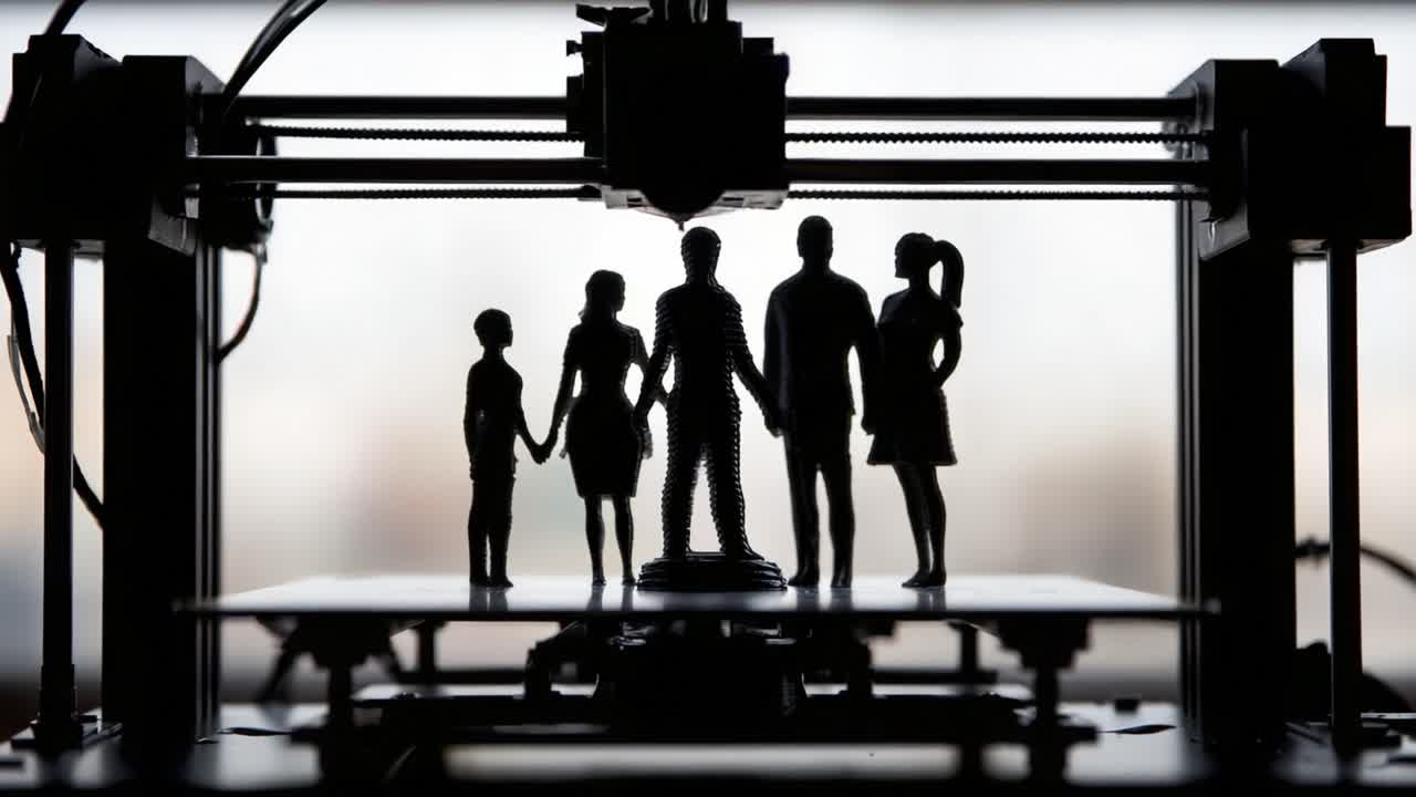 A Creative Showcase of 3D Printing with Family Figurines: Revealing the Transformation from Digital Model to Tangible Reality in a Modern Workspace