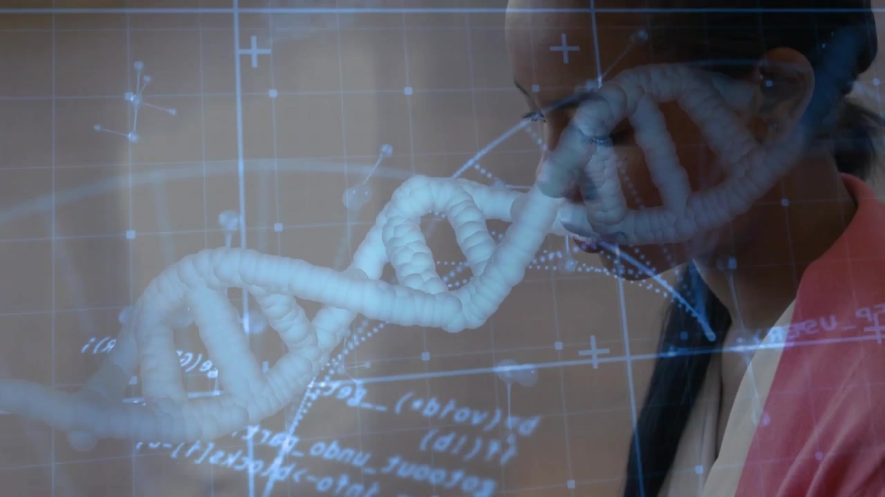 Male scientist tapping tablet, causing DNA helix drifting across face while analyzing genetic data