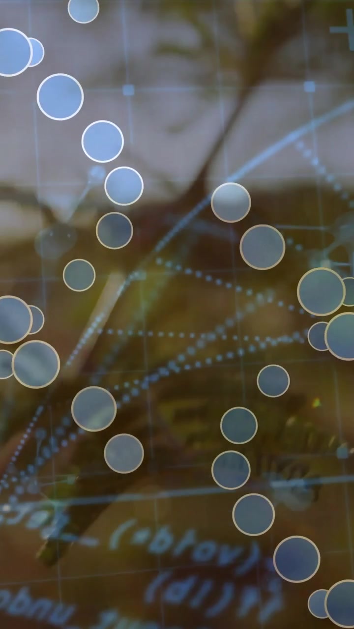 Vertical video: Focus shifting twin dots pulsing moving and linking grid showing network on fern