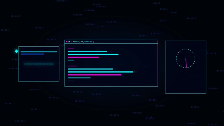Digital Interface with Data Visualization and Binary Code Background