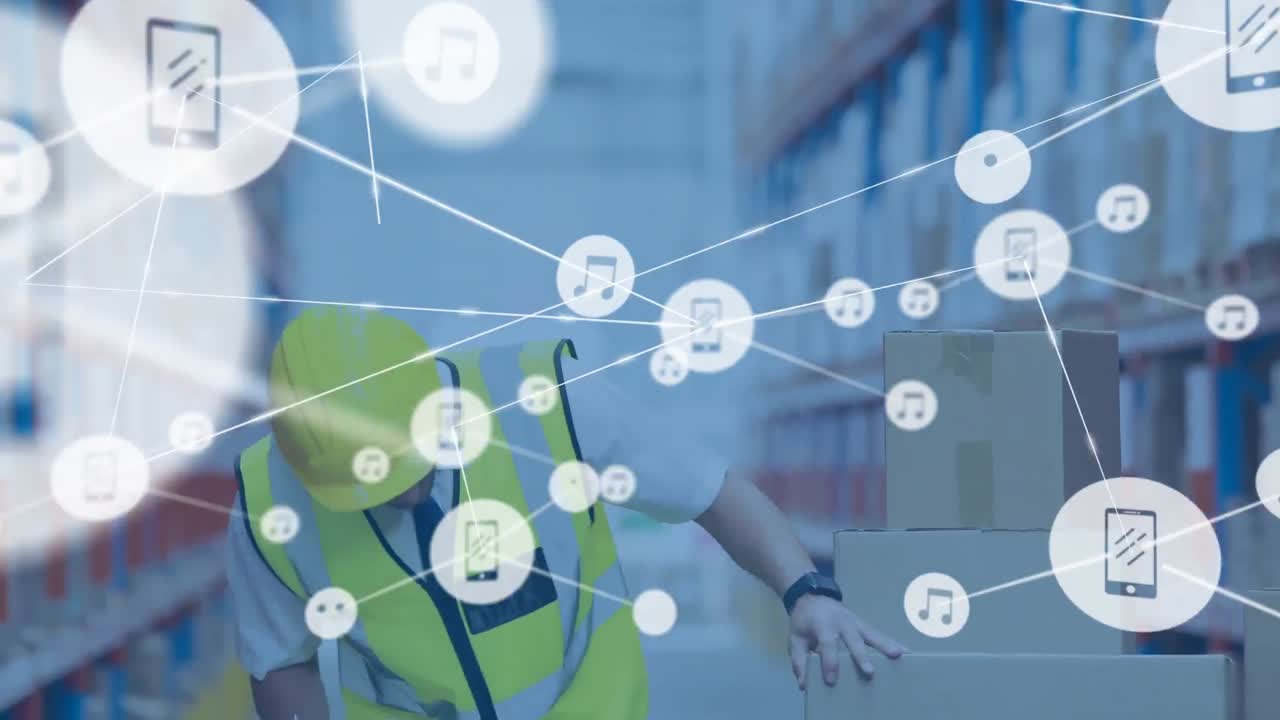 창고의 백인 남성 노동자에 대한 아이콘과 연결 네트워크의 애니메이션