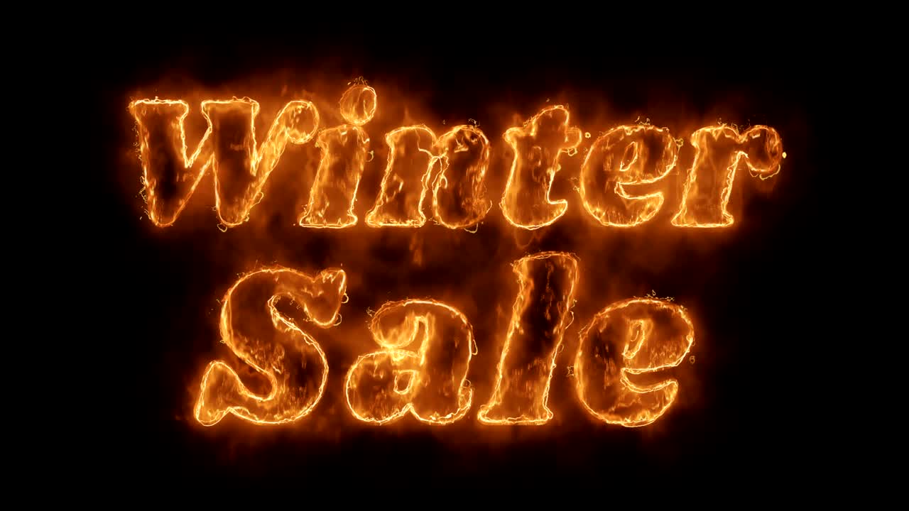 venta de invierno palabra animada caliente quema ciclo de llama de fuego realista.