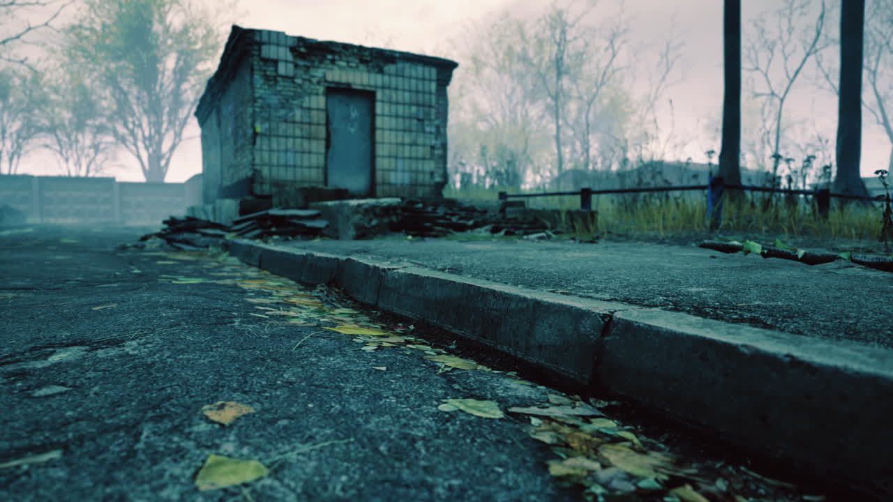 Abandoned structure amidst autumn leaves in a misty landscape setting