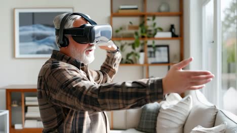 un hombre con un auricular de realidad virtual en una sala de estar
