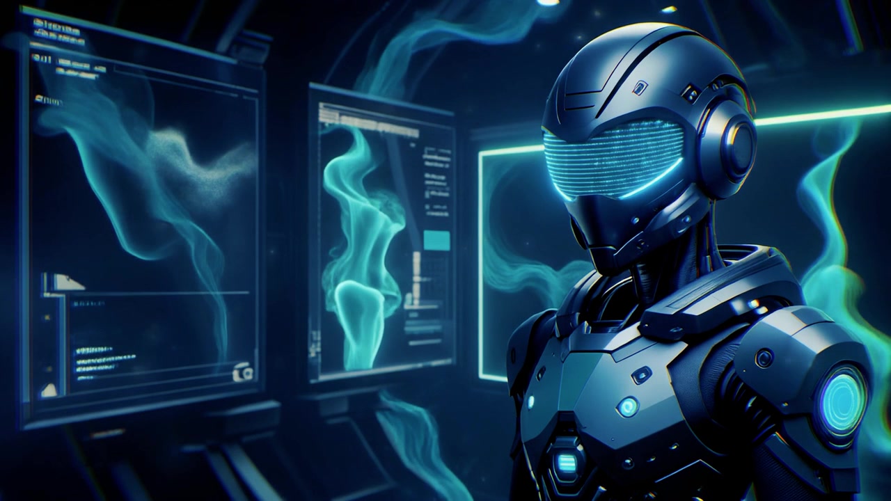 Futuristic Android Robot Standing in High Tech Laboratory