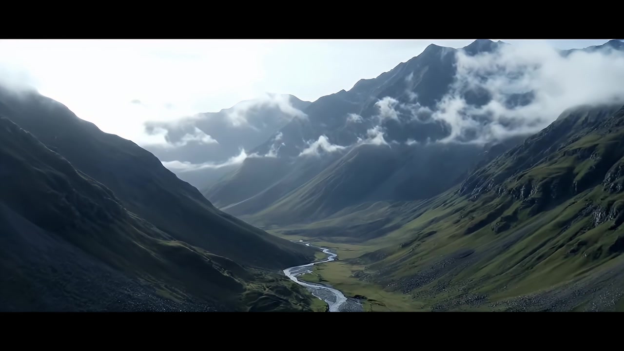 Aerial View of a Winding River in a Mountain Valley