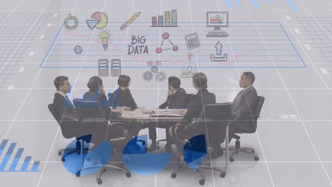 business team in meeting with big data and analytics animation overlay