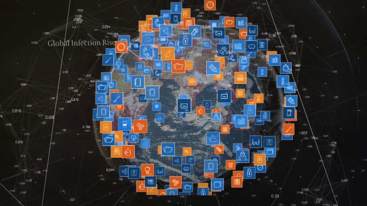 Animation of icons, data processing and globe on black background