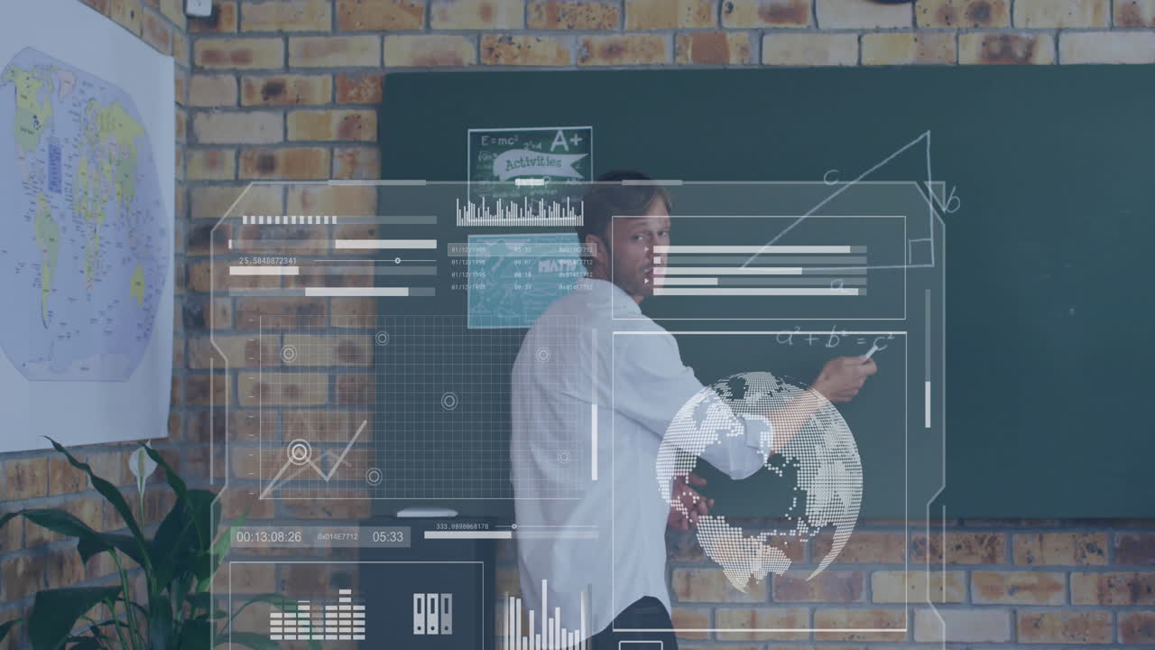 Animation of statistics and data processing over caucasian male teacher