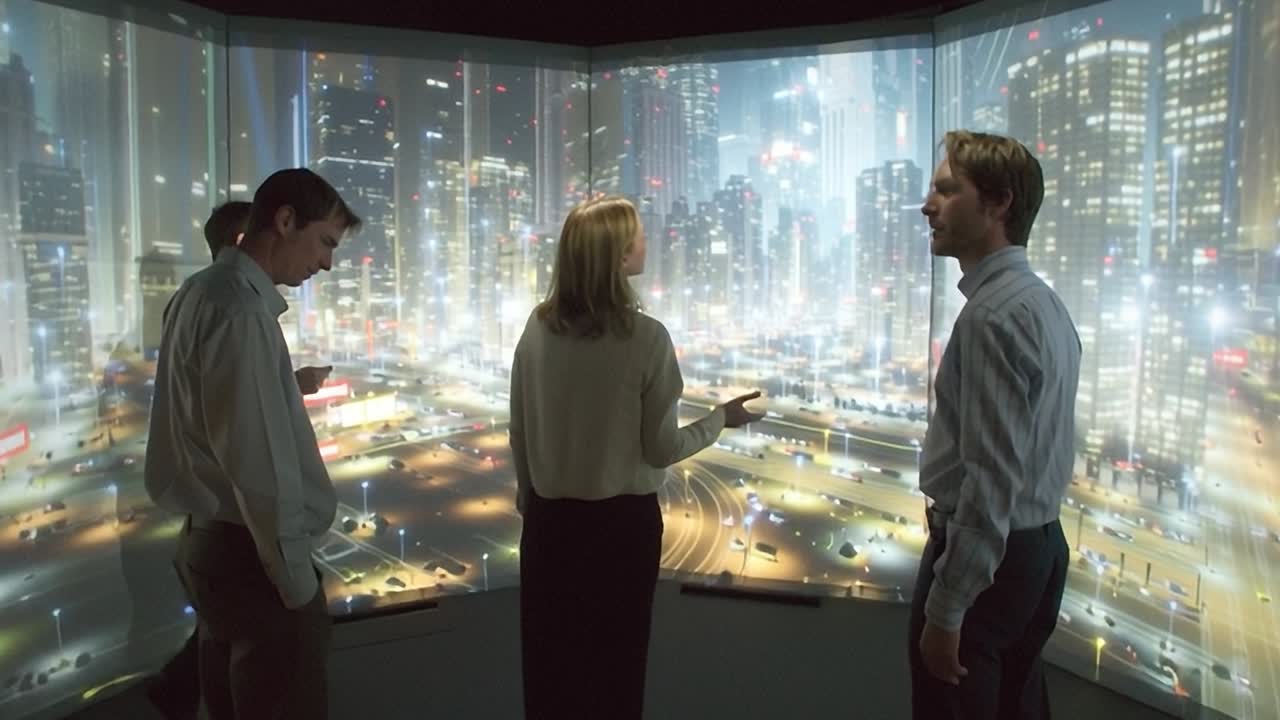 Group of people engaged in a virtual reality experience in a modern city