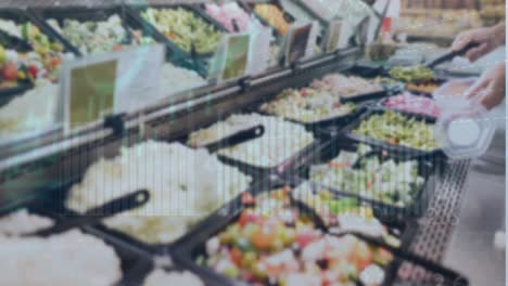animación del procesamiento de datos estadísticos contra el puesto de buffet de alimentos.