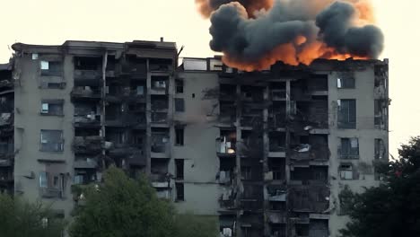 smoke billows from a burning apartment building, creating a scene of destruction and chaos in an urban environment