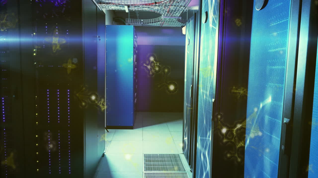 Data processing animation over futuristic server room with glowing effects