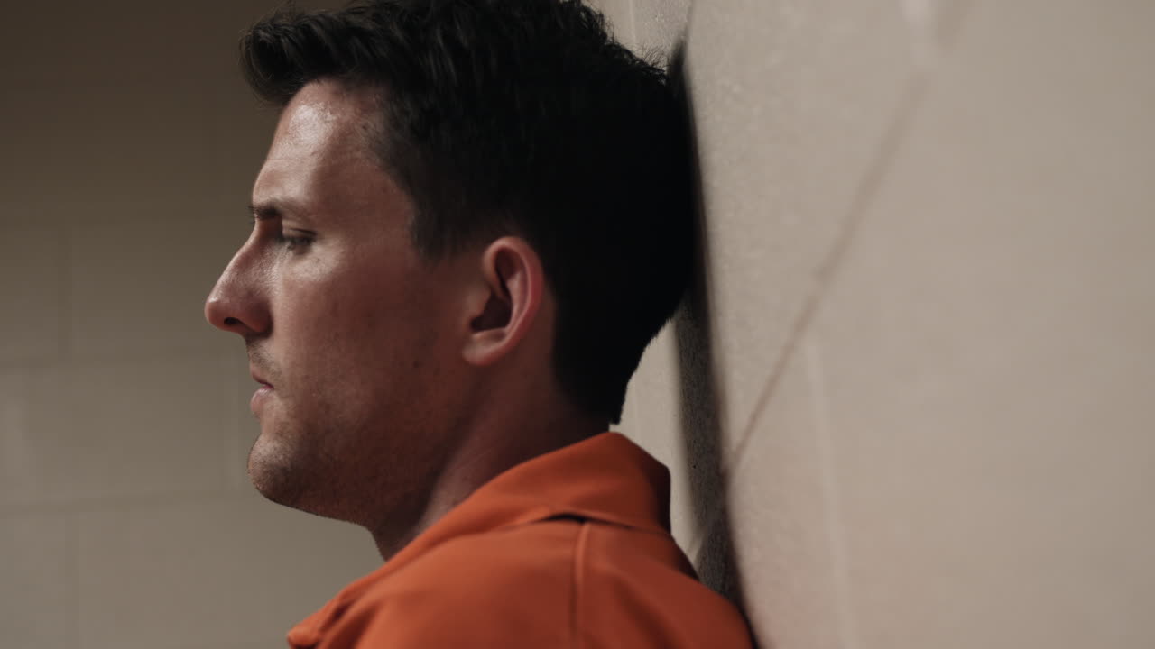 불행한 남자, 슬프고 우울한 매력적인, 잘생긴 남자, 범죄 죄수, 오렌지색 정복을 입은 죄수 감옥에 앉아